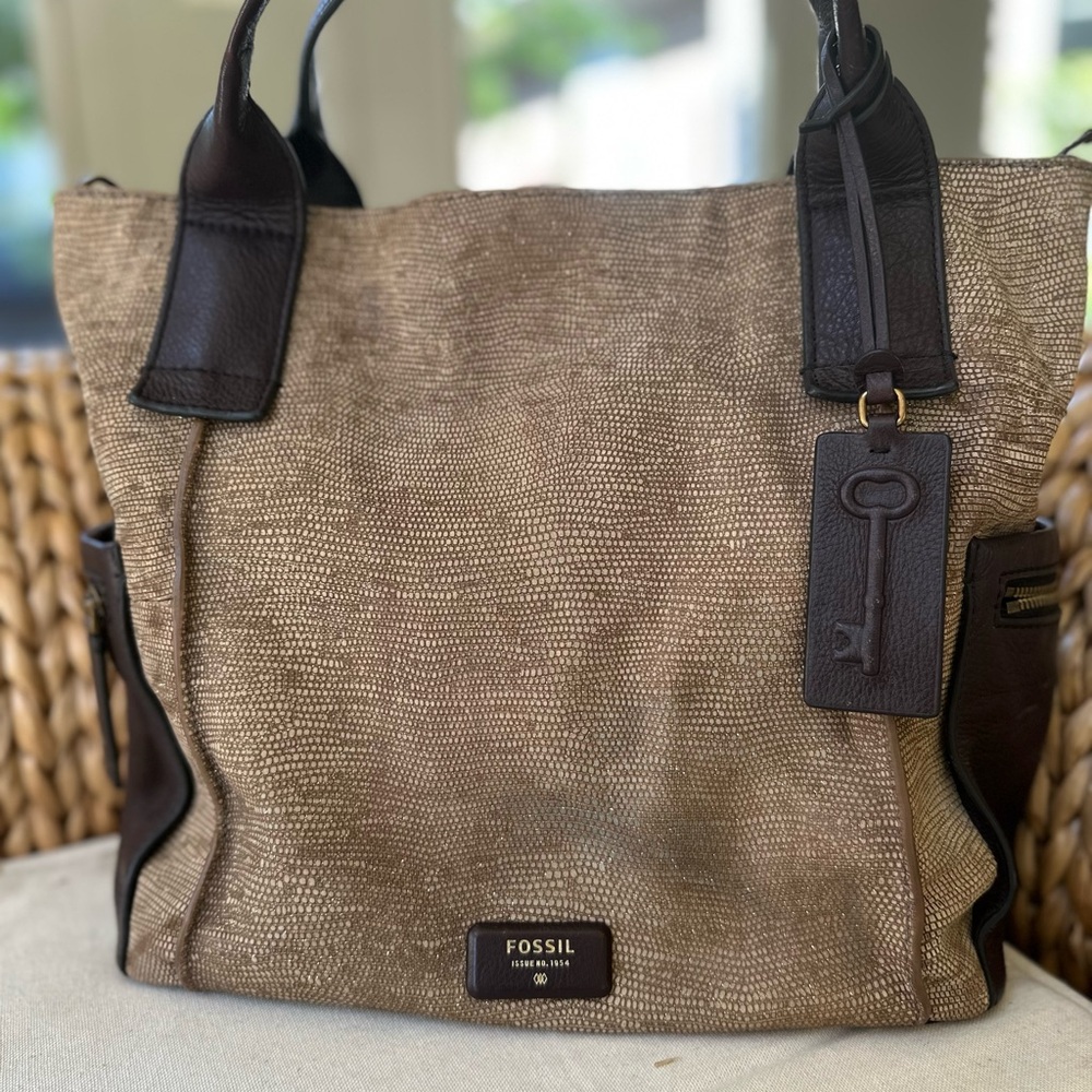 Fossil Tan and Brown Tote with Leather Accents - Picture 13 of 13